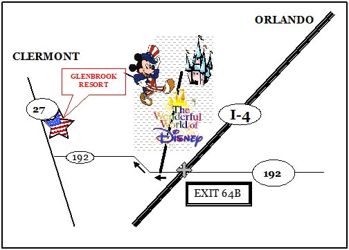 Map showing the location of Glenbrook Resort in Clermont, Florida, only 9 miles from Walt Disney World near Orlando, Florida